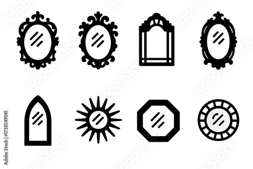 Antique Mirror Icons. Solid, filled icon set of antique and decorative mirrors: baroque mirror, rococo mirror, art deco mirror, Victorian mirror, gothic