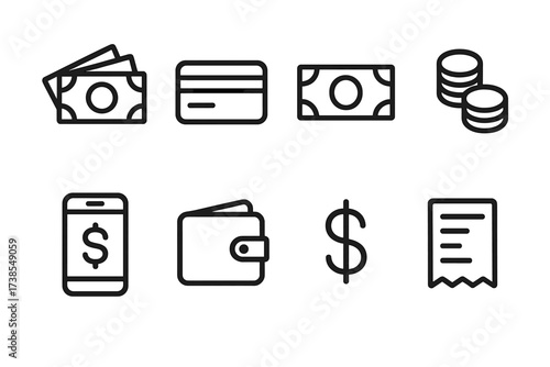 Bet Payment Icons. Outline icon set of bet payment: cash, credit card, banknote, coins, mobile payment, wallet, dollar sign, receipt. Line icons in only black