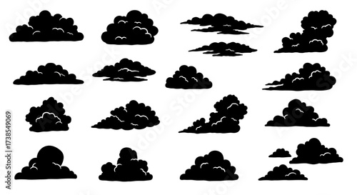 A collection of various cloud shapes and silhouettes in black and white, perfect for backgrounds or design elements.