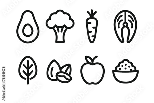 Healthy Food Icons. Solid, filled icon set of healthy food: avocado, broccoli, carrot, salmon, spinach, nuts, apple, quinoa. [Line icons in only black color.