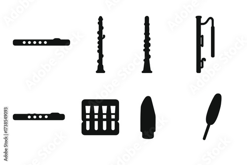 Woodwind Instrument Icons. Solid, filled icon set of woodwind instruments: flute, oboe, clarinet, bassoon, piccolo, reed case, mouthpiece, swab. Solid, filled