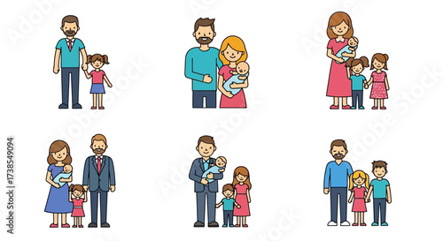 Illustrations of Diverse Family Units Representing Different Stages of Family Growth and Composition