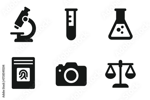 Forensic Tools Icons. Solid, filled icon set of forensic tools: microscope, test tube, DNA strand, chemical flask, evidence bag, camera, fingerprint kit,