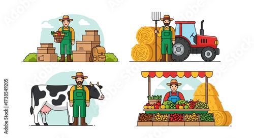 Illustrations of farmers and their agricultural activities including harvesting packaging livestock and selling produce at a market stall