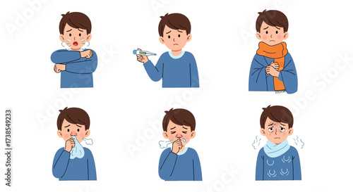 Illustrations of a young boy experiencing common cold symptoms and discomfort demonstrating various signs of illness and feeling unwell