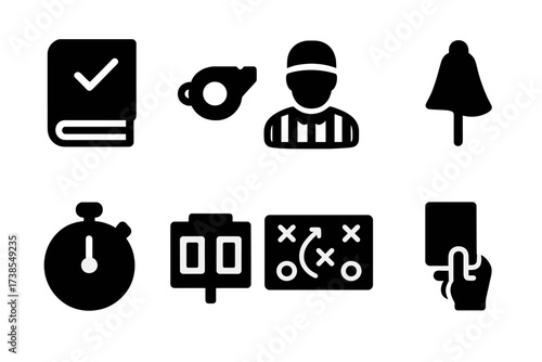 Game Rules Icons. Solid, filled icon set of game rules and regulations: rulebook, whistle, referee, penalty flag, stopwatch, scoreboard, play diagram, red