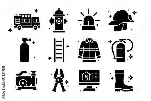 Firefighting Equipment Icons. Fire station equipment. Solid icons set of fire truck, fire hydrant, emergency siren, firefighter helmet, oxygen tank, ladder,
