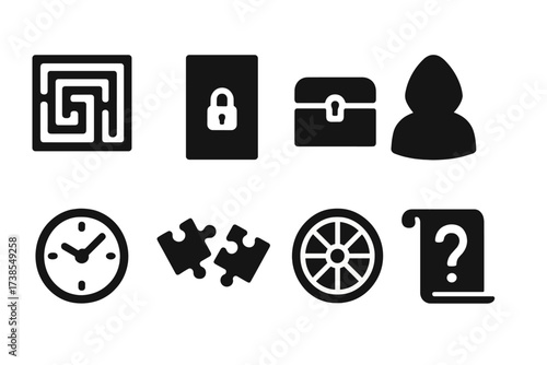 Riddle Icons Grid. Solid, filled icon set of riddle challenges: maze, locked door, mysterious box, shadowy figure, ticking clock, puzzle pieces, spinning