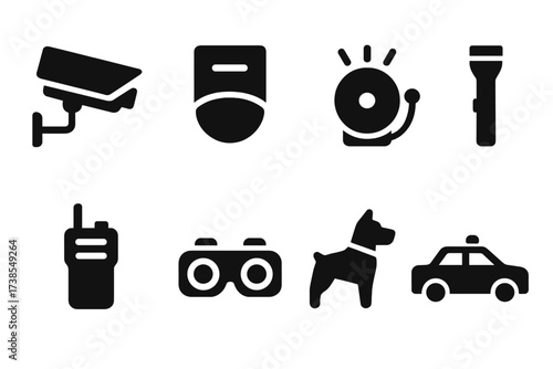 Security Equipment Icons. Solid, filled icon set of security equipment: surveillance camera, motion sensor, alarm bell, flashlight, walkie-talkie, night vision