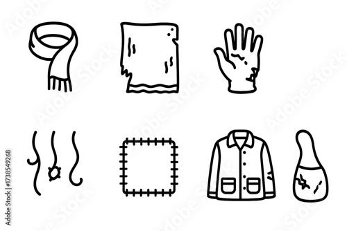 Worn Textiles Icons. Outline icon set of worn textiles: faded scarf, tattered blanket, shredded glove, distressed hat, loose threads, mended patch, shabby