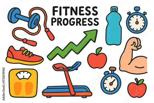 Fitness Progress Doodle. Fitness progress. Colorful Hand-drawn doodle Children illustration fitness progress dumbbell, jump rope, water bottle, stopwatch,