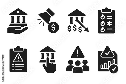 Central Bank Crisis Icons. Solid, filled icon set of central bank crises management: bailout, emergency funding, liquidity support, stress test, contingency