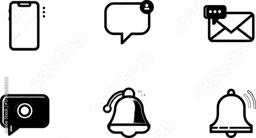 A minimalist set of black and white line icons for digital communication, including smartphone, message alerts, and notification bell symbols for user interface design