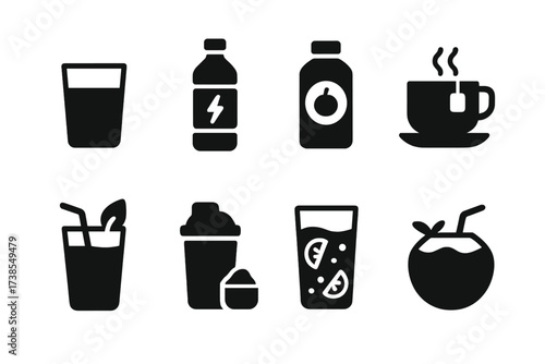 Hydration Icon Set. Solid, filled icon set of hydration and health drinks: water glass, electrolyte bottle, vitamin water, herbal tea, green smoothie, protein