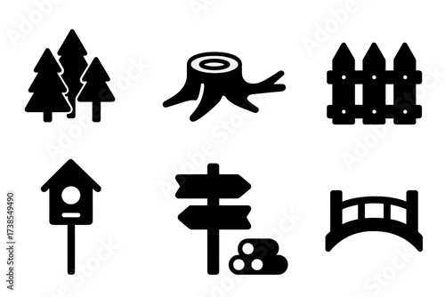 Woodland Icon Collection. Solid, filled icon set of wood environment: forest, tree stump, fallen branch, wooden fence, birdhouse, wooden signpost, log pile,