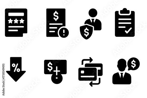 Debt Liability Icons. Solid, filled icon set of debt liability: credit report, overdue bill, collection agency, payment plan, interest rate, debt