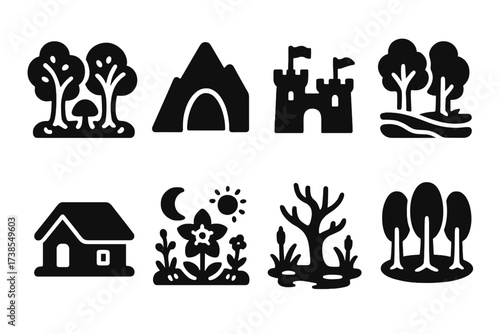 Folklore Icon Set. Solid, filled icon set of folklore settings: enchanted forest, mountain cave, ancient castle, riverbank, village hut, mystical garden, dark
