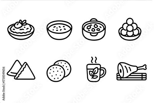 Qatari Cuisine Icons. Outline icon set of Qatari cuisine: Machboos rice, Harees porridge, Saloona stew, Luqaimat sweets, Samboosa, Arabic bread, Mint tea,