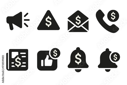 Bankruptcy Icon Set. Solid, filled icon set of bankruptcy notification: announcement, warning sign, mail, phone call, alert, newspaper, social media,