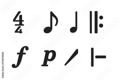 Music Notation Icons. Solid, filled icon set of tempo music notation: time signature, note values, rests, bar lines, repeat signs, dynamics, tempo markings,