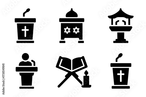 Religious Podium Icons. Solid, filled icon set of religious podiums: church pulpit, synagogue bimah, mosque lectern, temple sermon stand, preacher at pulpit,