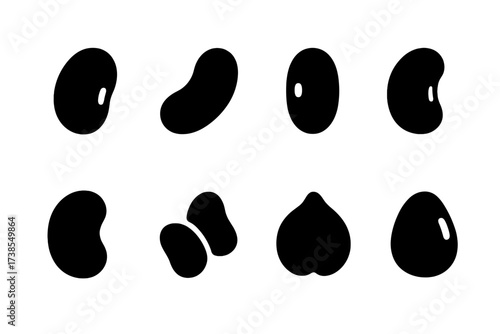 Bean Icon Set. Solid, filled icon set of common beans: black bean, kidney bean, navy bean, pinto bean, lima bean, mung bean, chickpea, soy bean. [Line icons in