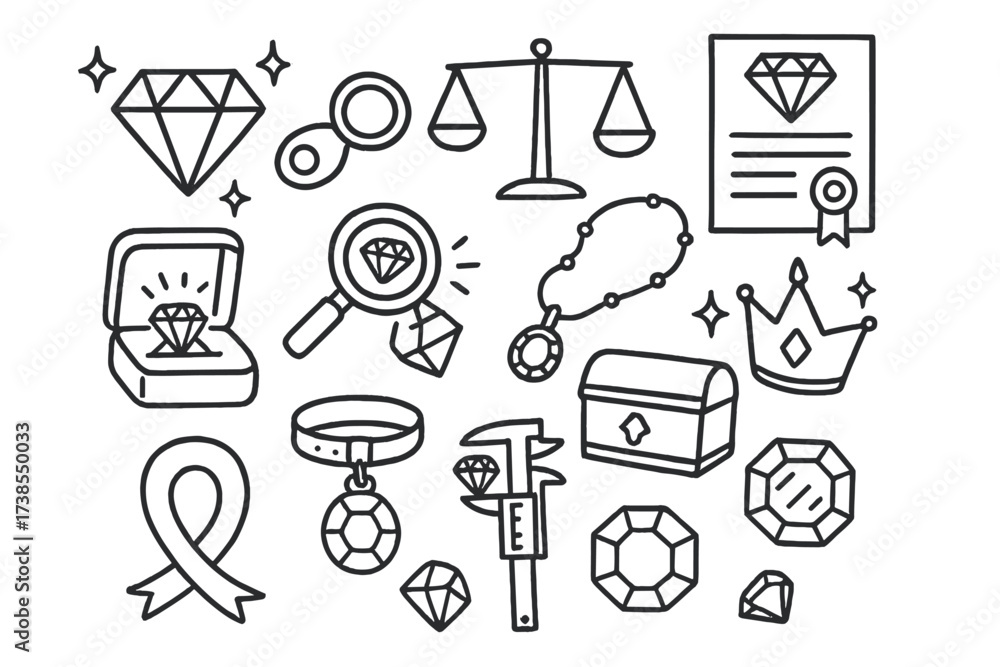 Fototapeta premium Diamond Grading Icons. Hand-drawn doodle illustration diamond grading diamond, scale, certificate, loupe, magnifying glass, sparkle stars, jewelry box, ring,