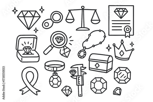 Diamond Grading Icons. Hand-drawn doodle illustration diamond grading diamond, scale, certificate, loupe, magnifying glass, sparkle stars, jewelry box, ring,