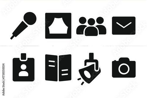 Event Icons Grid. Solid, filled icon set of event introductions: microphone, stage, audience, invitation card, name tag, program booklet, spotlight, camera.