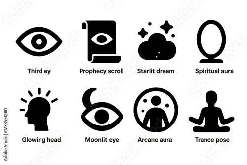 Mystical Icon Grid. Solid, filled icon set of mystical visions: third eye, prophecy scroll, starlit dream, spiritual mirror, glowing head, moonlit eye, arcane
