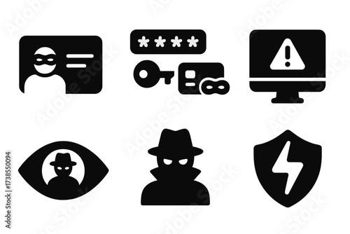 Identity Theft Icons. Solid, filled icon set of identity theft: ID card with mask, password key, credit card theft, login alert, spy eye, hidden face, warning