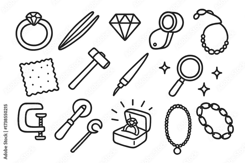 Obraz premium Jewelry Making Tools. Hand-drawn doodle illustration tension setting ring band, gemstone, tweezers, jeweler?s loupe, polishing cloth, hammer, engraving tool,