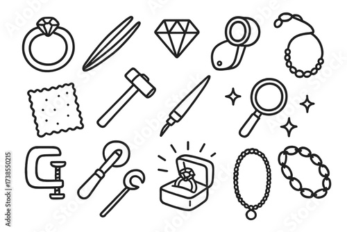 Jewelry Making Tools. Hand-drawn doodle illustration tension setting ring band, gemstone, tweezers, jeweler?s loupe, polishing cloth, hammer, engraving tool,