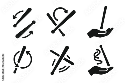 Performance Stick Icon Set. Solid, filled icon set of performance stick tricks: stick toss, stick flip, stick spin, stick juggling, stick balance, stick roll,
