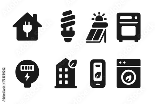 Clean Energy Icons. Solid, filled icon set of clean power usage: electric home, energy saving light, solar water heater, electric cooker, smart meter, green