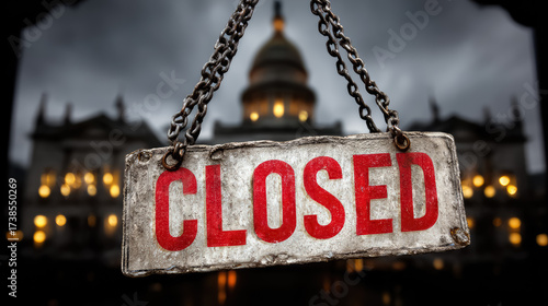US government shutdown concept. Closed sign hanging in front of the Capitol building in Washington D.C. due to funding impasse. Political conflict in America.