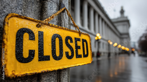 US government shutdown concept. Closed sign hanging in front of the Capitol building in Washington D.C. due to funding impasse. Political conflict in America.