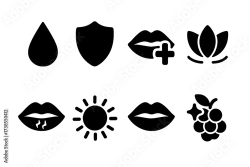 Lip Balm Benefits Icons. Solid, filled icon set of lip balm benefits: hydration, protection, healing, soothing, anti-chapping, UV protection, nourishment,