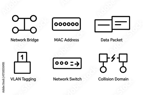 Bridge Networking Icons. Outline icon set of bridge layer networking: network bridge, MAC address, Ethernet frame, data packet, VLAN tagging, network switch,
