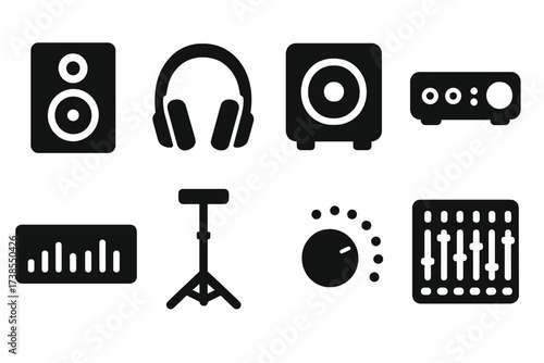 Studio Equipment Icons. Solid, filled icon set of studio monitoring equipment: studio monitors, headphones, subwoofer, audio interface, meter bridge, speaker