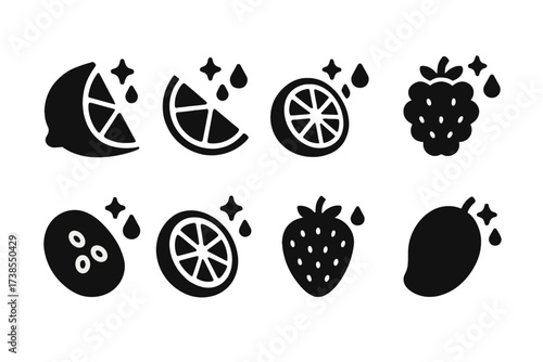 Flavored Water Icons. Solid, filled icon set of sparkling water flavors: lemon, lime, orange, raspberry, cucumber, grapefruit, strawberry, mango. Solid, filled