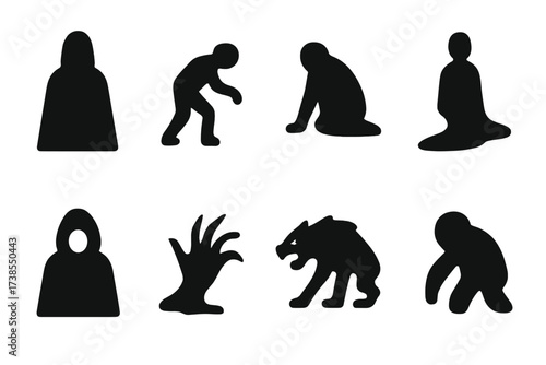 Shadow Figure Icons. Solid, filled icon set of shadow figures: cloaked silhouette, creeping figure, crouching shadow, long shadow, hooded entity, shadow hand,