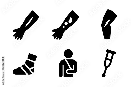 Body Injuries Icons. Solid, filled icon set of body injuries: cut, bruise, burn, fracture, sprain, bandage, crutch, cast. Solid, filled icons in only black