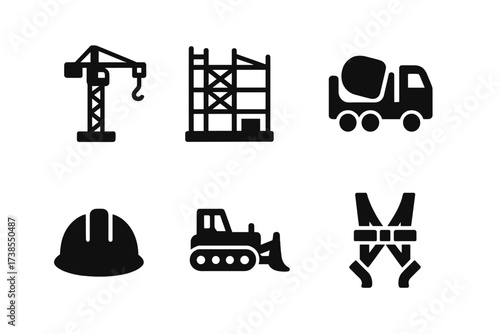 Construction Icons Grid. Solid, filled icon set of skyscraper construction: crane, scaffolding, concrete mixer, blueprint, hard hat, bulldozer, steel beams,