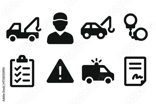 Repo Man Icon Set. Solid, filled icon set of repo man: tow truck, repossession agent, car with hook, handcuffs, clipboard checklist, warning sign, van with
