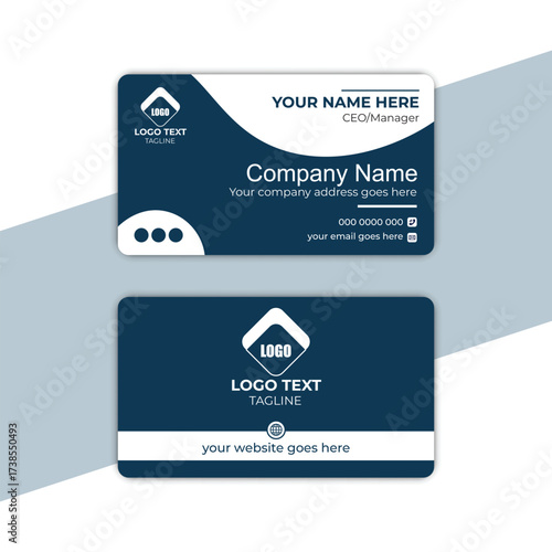 Elegant business card template with dark blue and white layout for professional identity branding and modern corporate design