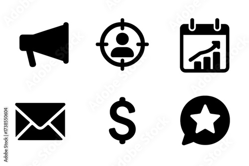 Marketing Icons Grid. Solid, filled icon set of marketing launch: bullhorn, target audience, bar chart, calendar, envelope, handshake, dollar sign, social