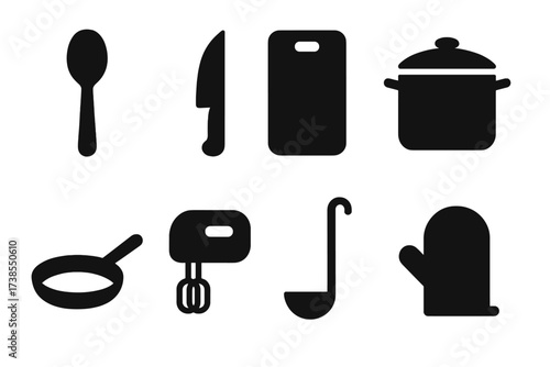 Banquet Kitchen Tools. Solid, filled icon set of banquet kitchen tools: serving spoon, carving knife, chopping board, pot, frying pan, mixer, ladle, oven mitt.