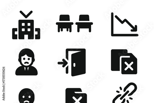 Business Contraction Icons. Solid, filled icon set of business contraction: shrinking office, fewer desks, alarm bell, downtrend chart, sad worker, exit door,