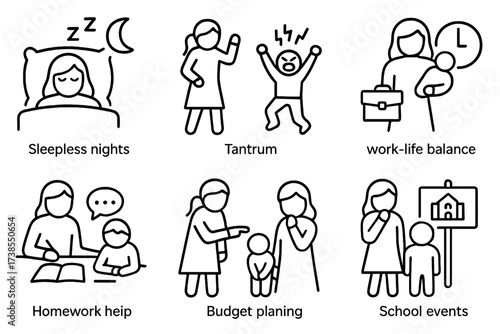 Parenting Challenges Icons. Outline icon set of parenting challenges: sleepless nights, tantrums, homework help, work-life balance, discipline,